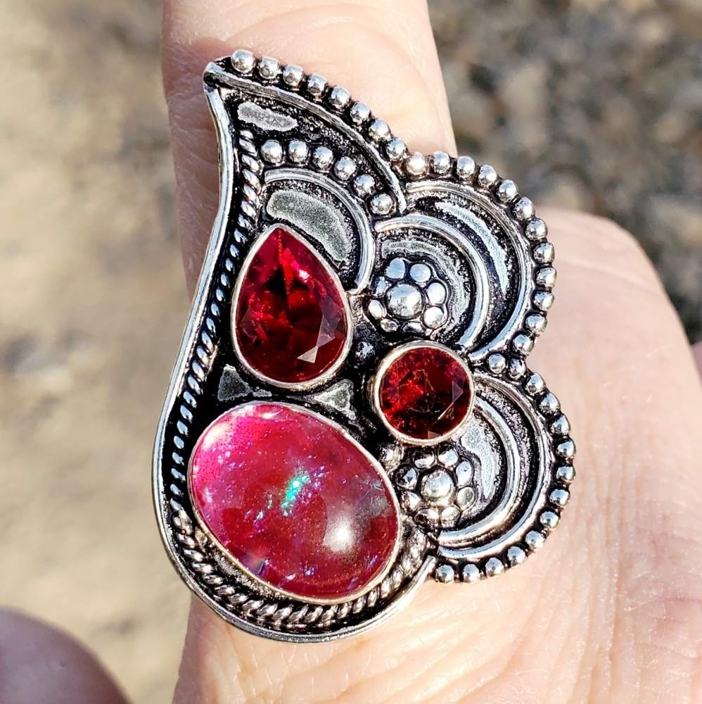 New Triplet Opal & Garnet 925 Silver Ring.
